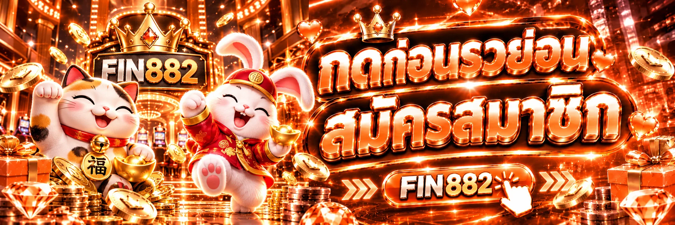 FIN882 ทางเข้าและปุ่มสมัครสมาชิกบนแบนเนอร์สีส้มดำ